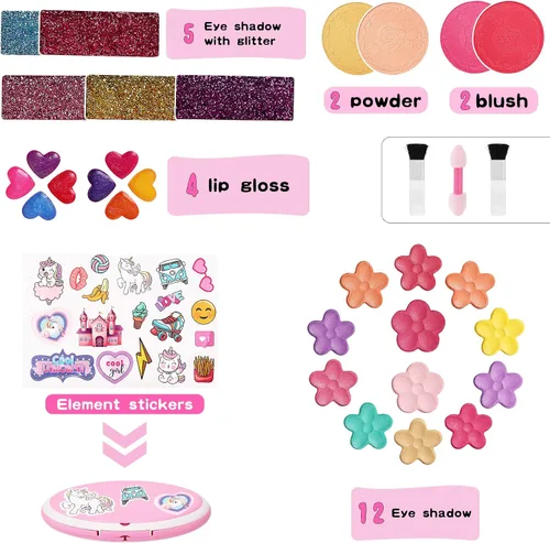 Vista 2 de Kit de maquillaje para niños para niñas, juego de maquillaje real, paleta de maquillaje plegable con espejo, kit de maquillaje no tóxico para niños