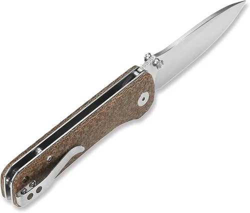Vista 3 de QSP Hawk - Cuchillo de bolsillo plegable, 3.22 pulgadas Sandvik 14C28N Cuchillo EDC de hoja de satén de dos tonos, mango de micarta áspero marrón