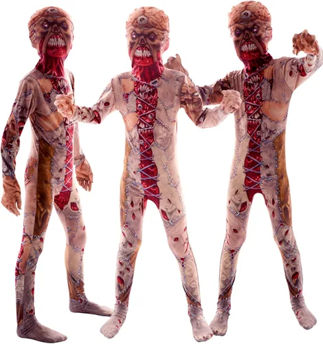 Vista 4 de Metaparty Disfraz de Slenderman para niños, disfraz de payaso aterrador para niños, disfraz de rastrillo para niños. Disfraz de piel aterradora