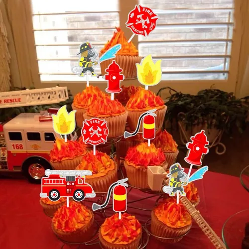 Vista 4 de Juego de 18 adornos para magdalenas de bomberos, camión de bomberos, extintor de incendios, boca de incendios, temática de bomberos, baby shower