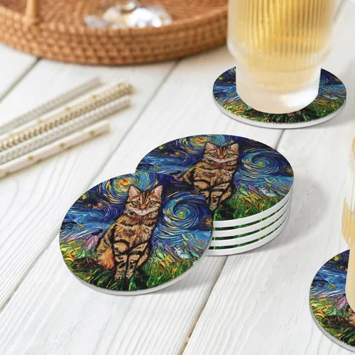 Vista 8 de Van Gogh - Juego de 4 posavasos abstractos de cerámica de diatomita absorbentes con base de corcho, protección de mesa, adecuados para mesas de Gato