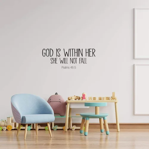 Vista 4 de Calcomanía de vinilo con versículo bíblico con texto en inglés "God Is Within Her She Will Not Fall" (Salmo 46:5), diseño decorativo para la pared