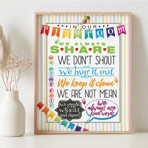Vista 6 de In Our Playroom Rules Wall Art 11x14 Framed Poster Ready to Hang Kids Behavior Chart Nursery Decor Classroom Rules Poster Sharing Kind Words Hug It