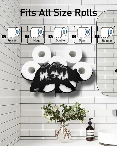 Vista 6 de Bear - Almacenamiento de papel higiénico de pared de metal, divertido soporte de papel higiénico negro, soporte de papel de metal decorativo