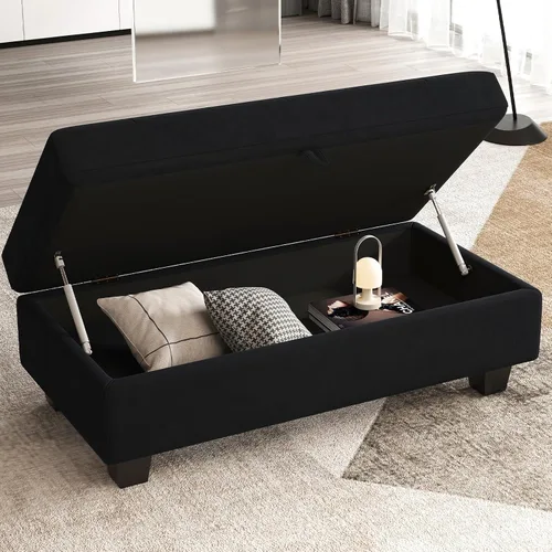 Vista 4 de Belffin Banco otomano rectangular de gran tamaño con almacenamiento, reposapiés tapizado de terciopelo para sala de estar y dormitorio (negro)