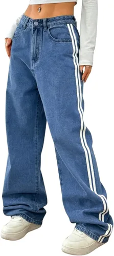 Vista 7 de Pantalones de mezclilla holgados para mujeres y hombres, pantalones de mezclilla de pierna recta, pantalones de mezclilla a rayas de pierna ancha