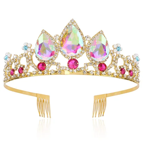 Vista 9 de VELSCRUN - Tiaras de princesa, coronas de Rapunzel, diademas de cumpleaños - Corona de vestir para niñas en verde, decoraciones de cumpleaños