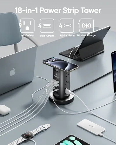Vista 3 de Kakyanill Estación de carga USB de 30 W, torre de regleta de alimentación, 9 salidas de CA con 8 puertos USB (4 USB-C), cable de extensión retráctil