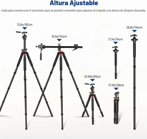 Vista 5 de NEEWER Trípode Horizontal de 73.6" con Columna Central Multiángulo, Cabezal Esférico y Plataforma de Eje Central, Trípode Monopie de Cámara