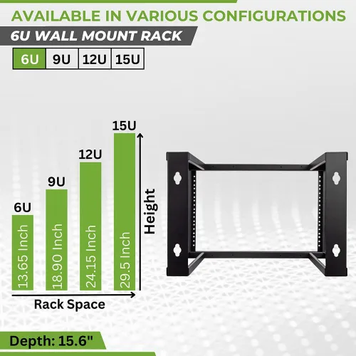 Vista 3 de NavePoint - Soporte de pared 6U de marco abierto para equipos de servidor de 19", rosca de 16", color negro