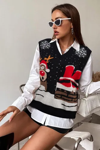 Vista 3 de JULYCLO Chaleco de Suéter Navideño para Mujer, Suéter Feo de Renos Tejidos y Copo de Nieve, Estilo Casual, con Cuello en V, Sin Mangas, Parte Negro