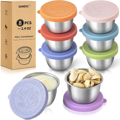 Vista 7 de Paquete de 8 recipientes pequeños para aderezo de ensalada de 1.6 onzas para llevar, tazas de salsa con tapas 1.6 OZ-Multicolor