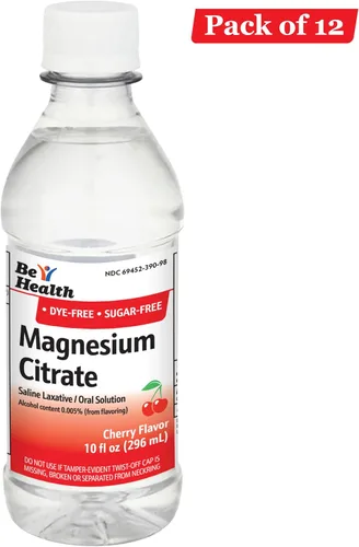 Vista 6 de Be Health Solución oral de citrato de magnesio, laxante salino, sabor a cereza, paquete de 12, fabricado en Estados Unidos, 10 onzas líquidas