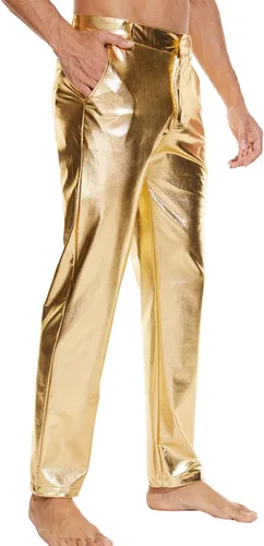 Vista 4 de Pantalones de discoteca metálicos brillantes para hombre, pantalones de cuero para fiesta de baile de estilo mojado, pantalones de cuero de los años