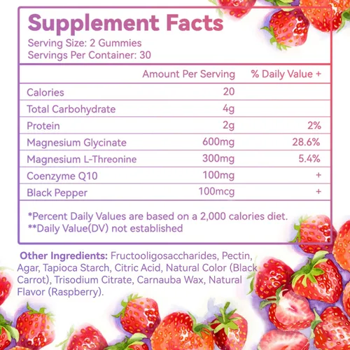 Vista 2 de Gomitas de glicinato de magnesio de 600 mg para mujeres y hombres, con L-treonato de magnesio 300 mg, CoQ10 y pimienta negra, veganas (60 unidades)