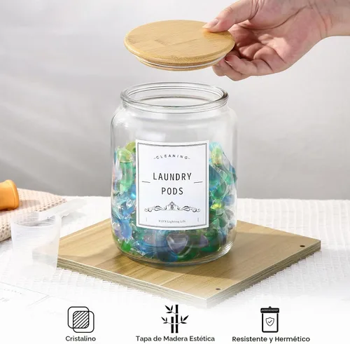 Vista 7 de Recipiente de cápsulas de lavandería con tapa de bambú hermética, frascos de vidrio para jarra de organización de lavandería. Contenedor de cápsulas