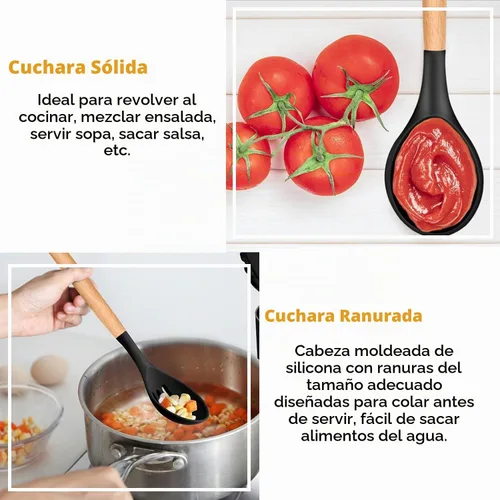 Vista 5 de Juego de 3 utensilios de cocina de silicona, espátula/espátula, cucharas con mango de madera, resistentes al calor, utensilios de cocina