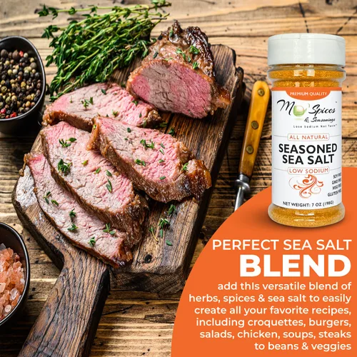 Vista 3 de Mo'Spices & Seasonings - Sal marina sazonada, baja en sodio, multiusos - Botella de 8 onzas