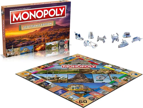 Vista 4 de Monopoly Juego de mesa Scottsdale Edition: 2-6 jugadores Juegos de mesa familiares para niños y adultos, juegos de mesa para niños de 8 años