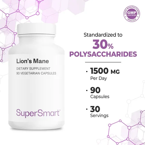 Vista 5 de Supersmart - Melena de león 1500 mg por día (alta resistencia) - 30% polisacáridos - Extracto de melena de león 8:1 - Suplemento de hongo Hericium