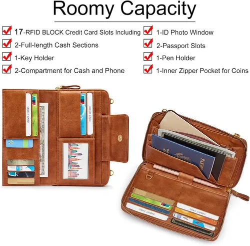 Vista 3 de S-ZONE Carteras de viaje para mujer con bloqueo RFID de cuero bolso cruzado para documentos de pasaporte soporte para tarjetas de crédito L