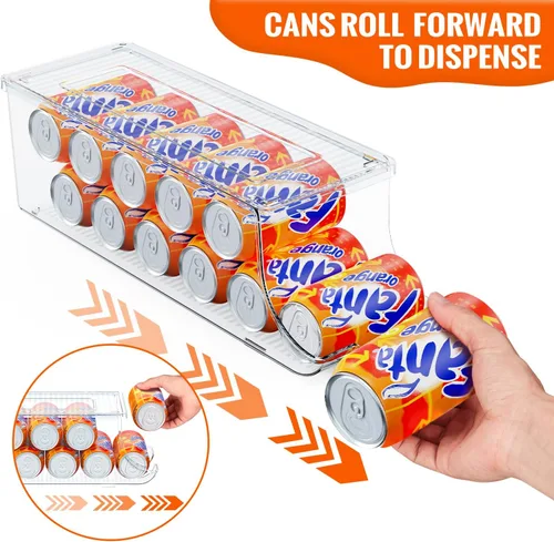 Vista 3 de SCAVATA Paquete de 2 organizadores de latas de soda para refrigerador, contenedor apilable de latas de alimentos enlatados, dispensador de latas