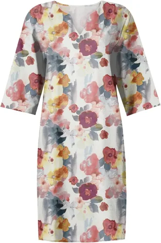 Vista 3 de NAMTYQX Vestidos de verano 2023 para mujer, vestidos de lino con estampado floral, vestido liso, cuello en V, vestido suelto casual con bolsillos