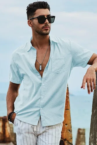Vista 198 de JMIERR Camisas de vestir a rayas con botones y manga corta para hombre