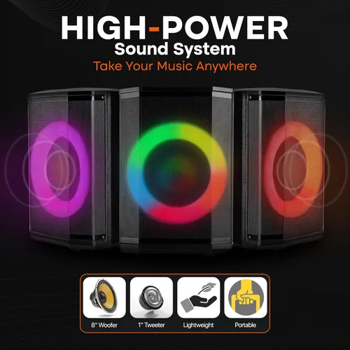 Vista 4 de Pyle Altavoz Bluetooth Portátil con Woofer de 8 Pulgadas, Función TWS, Entrada de Micrófono, USB/Micro SD/Radio FM, Luces de Anillo Coloridas, 120W