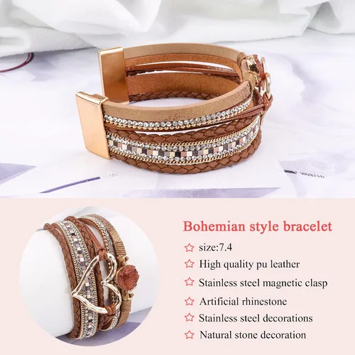 Vista 3 de Pulseras de cuero multicapa, pulsera bohemia moderna de corazón para mujer, brazalete magnético con cierre de diamantes de imitación, joyería