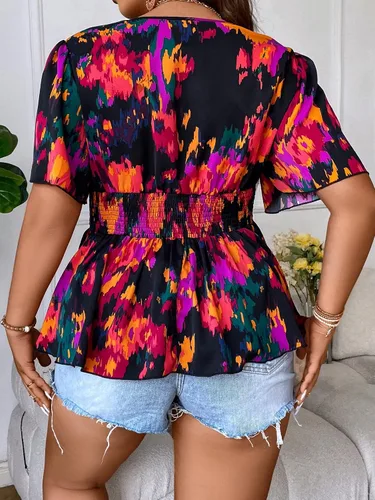 Vista 2 de SOLY HUX Women's Plus Size Allover Print Blouse Short Sleeve V Neck Wrap Shirred Peplum Ruffle Hem Top