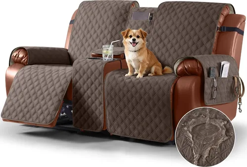 Vista 14 de Ruaozz Funda impermeable para sofá biplaza reclinable con consola, funda antideslizante para sofá reclinable dividido, con correas elásticas Beige