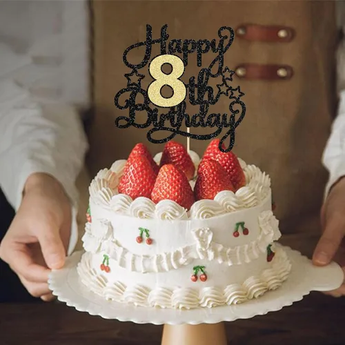 Vista 7 de 1 pieza de decoración de pastel de 8º cumpleaños con purpurina y saludos a 8 años, decoración de pastel de feliz cumpleaños para fiesta de 8 años
