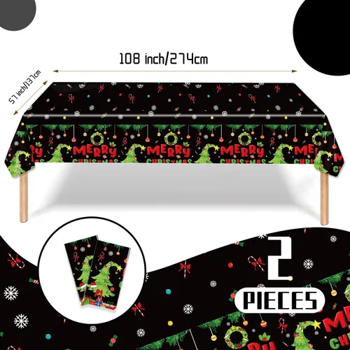 Vista 2 de 2 piezas de manteles desechables de Navidad, 108" x 54" rectangulares de plástico impermeable con patrones novedosos de calcetín navideño, corona