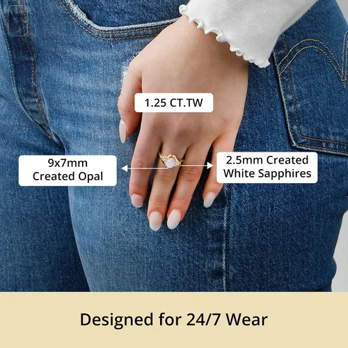 Vista 3 de MAX + STONE Gemstone Oval Sunburst Halo Ring for Women in 10k White or Yellow Gold with Created White Sapphire and Birthstone Anniversary Ring