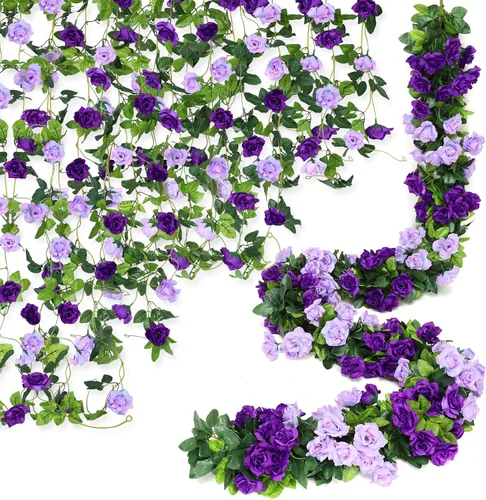 Vista 12 de Floweroyal Paquete de 2 guirnaldas de flores artificiales de 15.8 pies, flores de seda falsas de hiedra rosa para colgar en el arco de boda, fiesta
