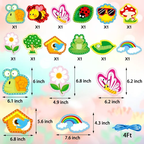 Vista 3 de Tarjetas de cordones de primavera para niños, 12 paquetes de kits de costura, flores de arcoíris, mariposa, cartón, tarjetas de costura