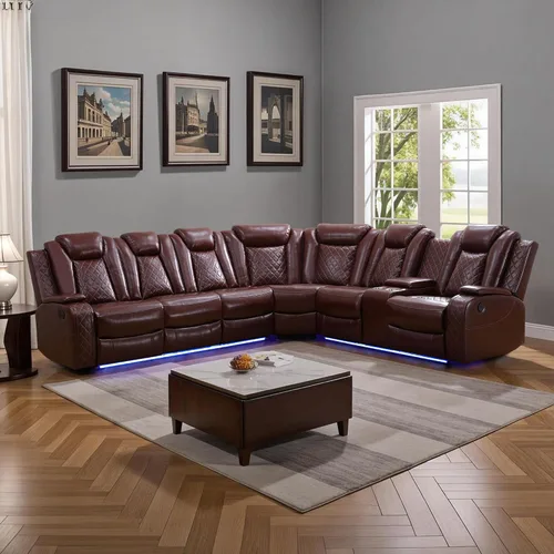 Vista 25 de Juego de sofá reclinable eléctrico para sala de estar, juego de sofá reclinable de cuero con luz LED, soporte para tazas, almacenamiento de consola