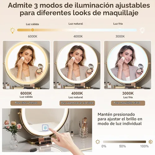 Vista 2 de Furnistar Tocador Pequeño con Espejo Redondo y Luces 39" Mesa de Tocador Moderna con 2 Cajones Mesa de Maquillaje para Dormitorio Blanco y Dorado