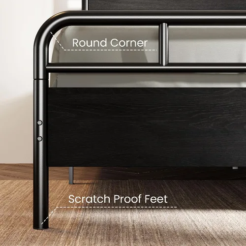 Vista 5 de SHA CERLIN Base de cama tamaño completo con cabecera de madera industrial vintage, plataforma de metal resistente con almacenamiento debajo