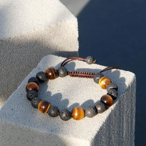 Vista 5 de Protection Tigers Eye Crystal Mens Bracelets, Healing Tiger Eye Lava Stone Beaded Bracelets for Men, Handmade Essential Oil Diffuser Bracelet