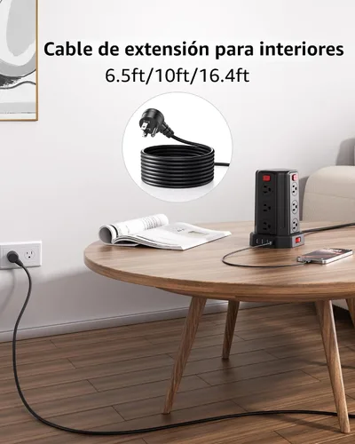 Vista 6 de Tira de alimentación con protector de sobretensiones, cable de extensión de 6.5 pies con 12 tomas múltiples de CA, 4 USB (1 USB C), estación de Negro