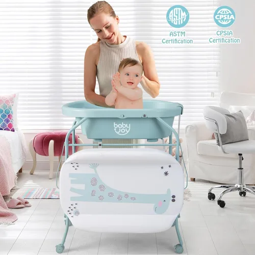 Vista 8 de BABY JOY Bañera para bebé con cambiador, estación plegable para cambiar pañales con bandeja de almacenamiento, almohadilla impermeable, organizador