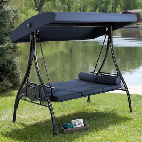 Vista 7 de HOMREST Columpio para porche al aire libre para 3 personas con portavasos mejorado de 1.5 pulgadas, toldo ajustable, respaldo, cama columpio