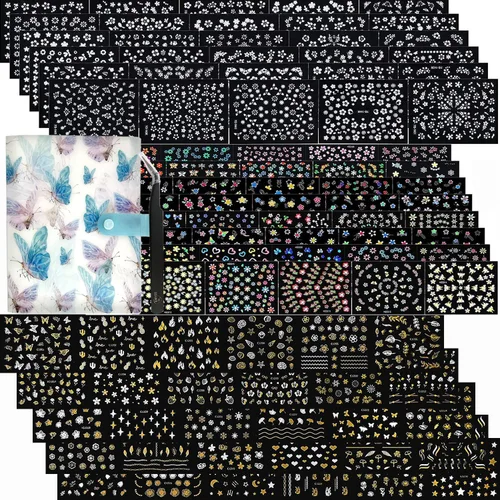 Vista 10 de 20 hojas de calcomanías de uñas 3D, diseño de oro/diamante, lujosas calcomanías de uñas autoadhesivas con relieve, calcomanías de uñas de flores