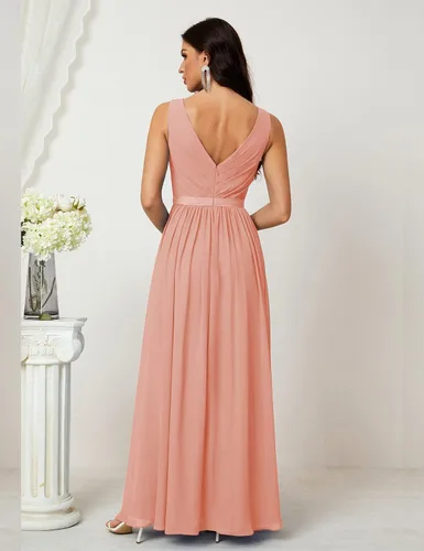 Vista 2 de nightbubo Vestido de fiesta de gasa de cintura alta con cuello en V sin mangas vestido de dama de honor