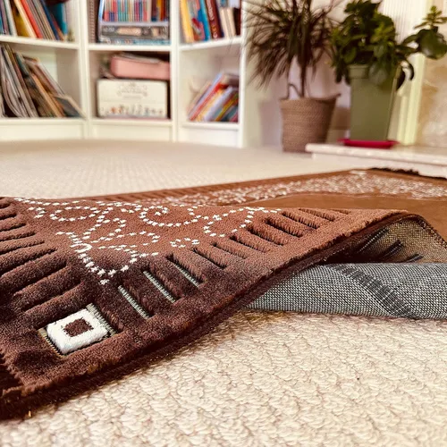Vista 6 de Mihrab - Tapete de oración de terciopelo de lujo con estampado, 26.46 oz, peso Fabricado en Turquía (café)