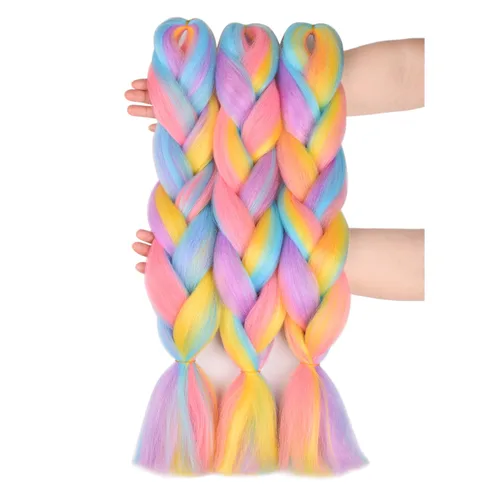Vista 10 de BACANA Extensiones de cabello para trenzar en 4 tonos, degradado verde y rosa, extensiones de cabello colorido para trenzar, trenzas para niños