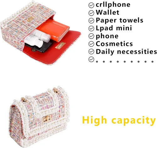 Vista 5 de Qiayime Monederos y bolsos de mano para mujer, moda con asa superior, bolso de hombro con cadena de cuentas de perlas