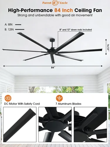 Vista 9 de Ventilador de techo grande de 84 pulgadas sin luz, ventilador de techo negro con certificación ETL
